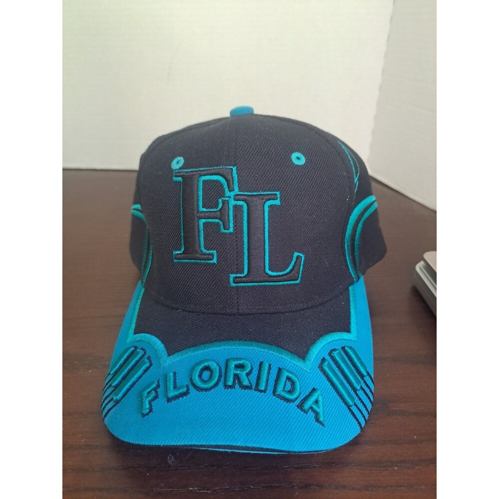 Florida FL Black And Teal Embroidered Hook And Loop Adjustabl Cap